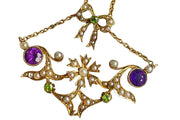 Antique 9k Yellow Gold Lavaliere Necklace with Seed Pearls, Amethysts and Demantoid Garnet Stones
