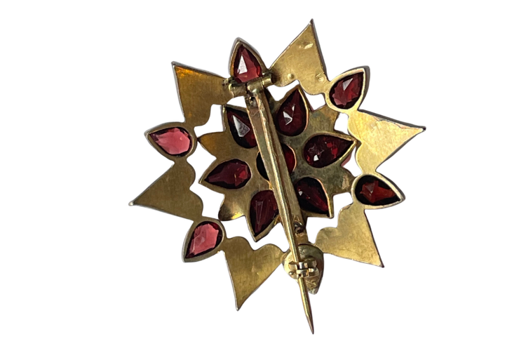 Antique Victorian Large Bohemian Garnet Star or Flower Shaped Brooch with Heart Accents