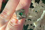 Vintage 14k Art Deco Green Spinel and Diamond Filigree Ring