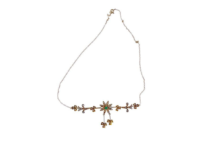 Antique Edwardian 14k Yellow Gold Lavaliere Necklace with Seed Pearls & Green Center Stone