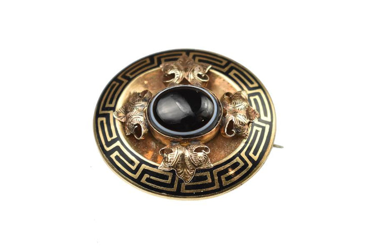 Antique Victorian Mourning Brooch with Banded Agate & Oak Leaves in Gold