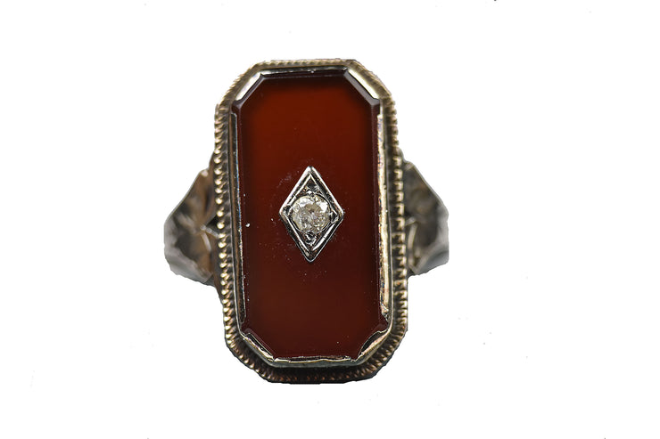 Vintage 14k White Gold Art Deco Belais Carnelian and Diamond Ring