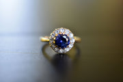 Vintage 9k Sapphire & Topaz Halo Ring