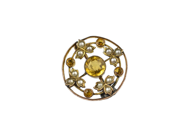 Vintage Yellow Paste and Pearl Brooch