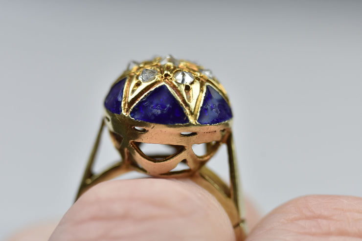 Vintage 14k Yellow Gold, Blue Enamel and Rose Cut Diamond Star Ring