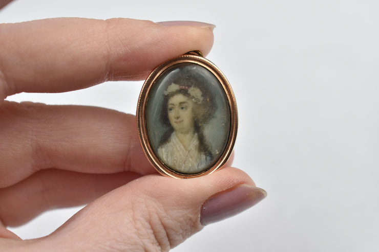 Antique 10k Miniature Painted Portrait Pendant