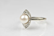 10k White Gold Art Deco Style Navette Cultured Pearl and Diamond Ring