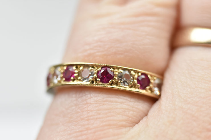 9k Yellow Gold Eternity Band with Synthetic Pink & White Stones