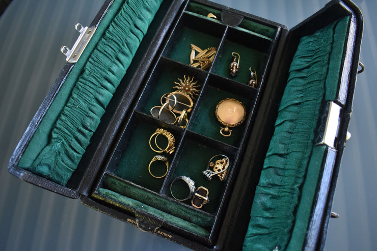 Antique Black Leather Travel Jewelry Box
