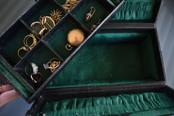 Antique Black Leather Travel Jewelry Box
