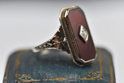 Vintage 14k White Gold Art Deco Belais Carnelian and Diamond Ring