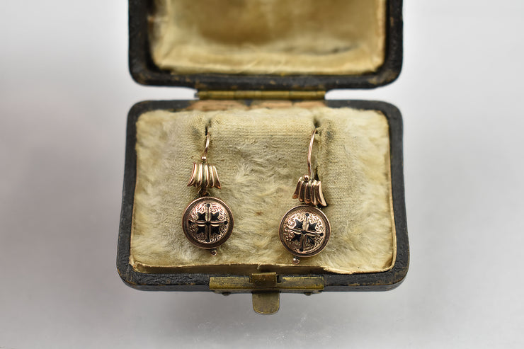 Dainty Antique Gold Drop Earrings with Black Enamel