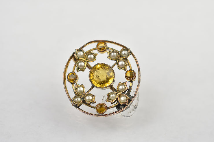 Vintage Yellow Paste and Pearl Brooch