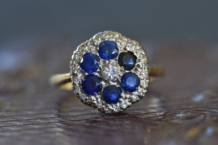 Vintage 18k Diamond and Sapphire Floral Cluster Ring