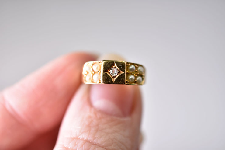 Antique Victorian 1889 18k Yellow Gold Diamond & Pearl Band