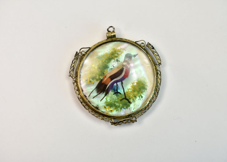 Vintage Double Sided Bird Pendant with Mother of Pearl Background and Real Feather Accents