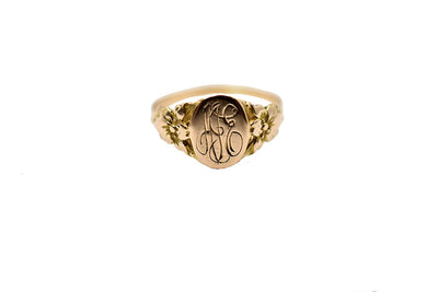 Vintage 9k Initial Signet Ring with Floral Shoulders
