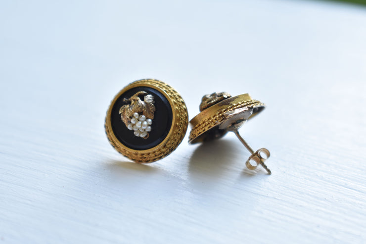 Antique High Karat Victorian Etruscan Revival Pearl Grapes Conversion Earrings