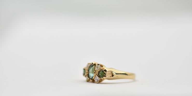 Vintage Mid-Century 14k Yellow Gold Green Tourmaline and Diamond Ring