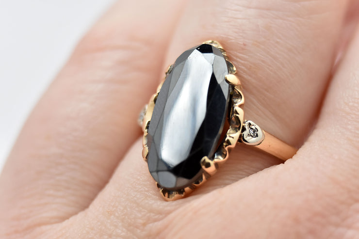 Vintage Hematite Navette Ring with Diamond Shoulders