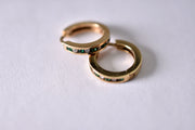 Adorable, Dainty 10k Yellow Gold Diamond and Green Stone Huggie Earrings