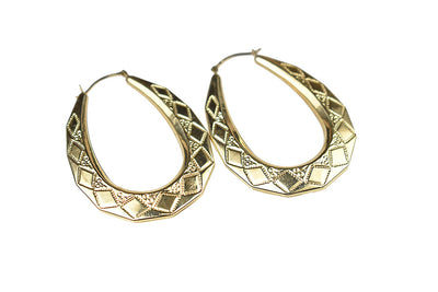 Vintage 9k/9ct Yellow Gold Large, Hollow, Patterned Elongated Hoop Earrings