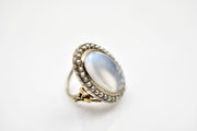 Vintage 14k White & Yellow Gold Moonstone Statement Ring with Pearl Halo Border