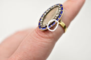 Antique 14k Victorian Sentimental or Mourning Navette Ring with Hair, Rose Cut Diamonds & Blue Enamel