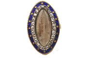 Antique 14k Victorian Sentimental or Mourning Navette Ring with Hair, Rose Cut Diamonds & Blue Enamel