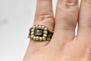Antique Georgian 14k 1821 Mourning Ring with Seed Pearls and Hair Locket