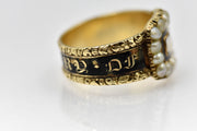 Antique Georgian 14k 1821 Mourning Ring with Seed Pearls and Hair Locket
