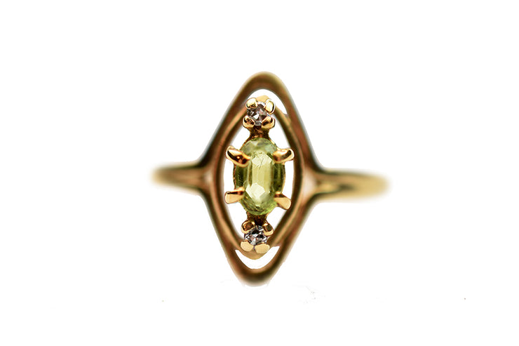 Vintage 10k Peridot & Diamond Navette Ring
