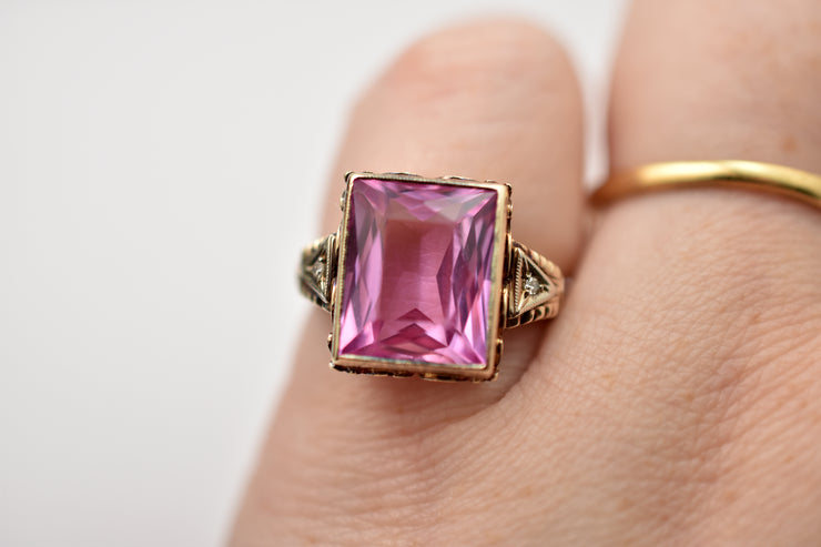 Vintage 10k Pink Sapphire & Diamond Cocktail Ring