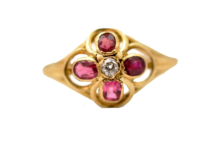 Vintage 18K Ruby & Diamond Clover or Cluster Ring