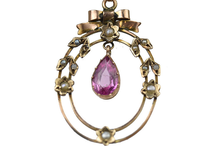 Antique 10k Pink Sapphire Oval Pendant with Bow, Flower and Leaf Design