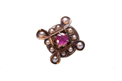 Vintage 10k Ruby and Seed Pearl Tie Tack / Pin