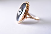 Vintage Statement Ring with Onyx Face and Silver Floral Center