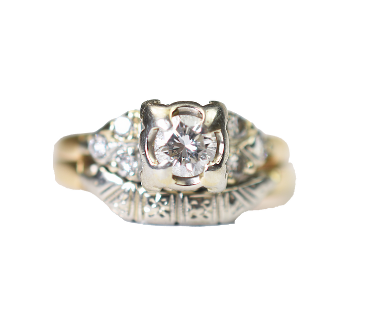 Gorgeous Vintage 14k/18k White & Yellow Gold Engagement & Wedding Ring Set