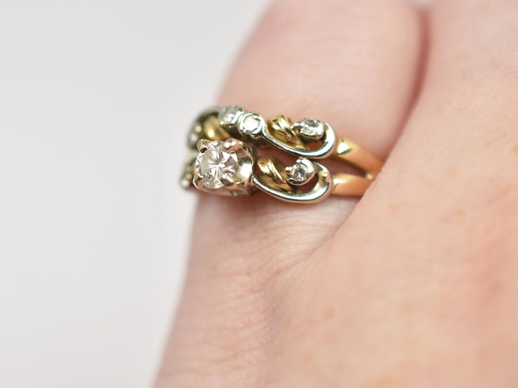 Vintage 14k Yellow & White Vine Twist Diamond Engagement & Wedding Ring Set