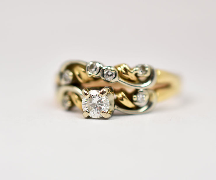 Vintage 14k Yellow & White Vine Twist Diamond Engagement & Wedding Ring Set