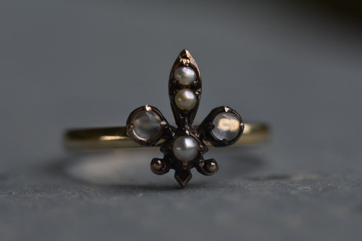 Antique Victorian Moonstone & Pearl Fleur De Lys // Fleur De Lis Conversion Ring