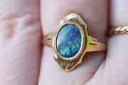 RESERVED - Vintage 14k Yellow Gold Navette with Fiery Black Opal