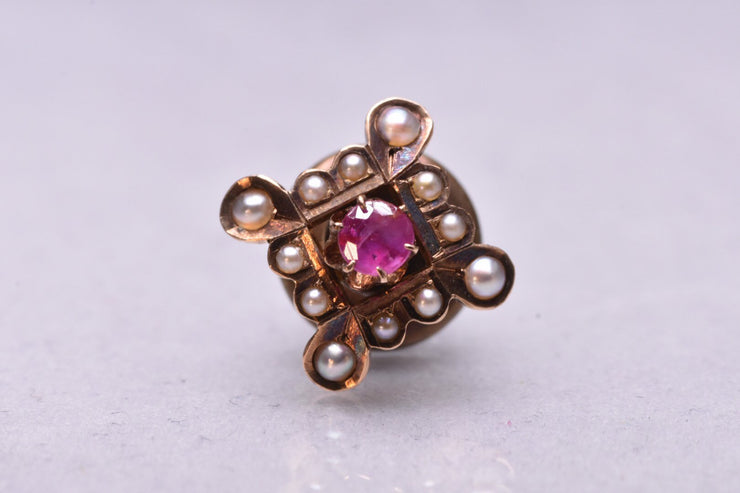 Vintage 10k Ruby and Seed Pearl Tie Tack / Pin