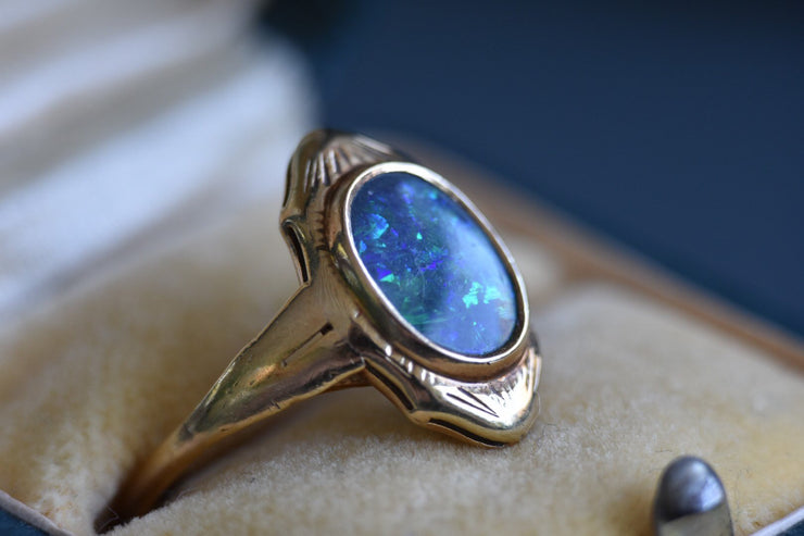 RESERVED - Vintage 14k Yellow Gold Navette with Fiery Black Opal
