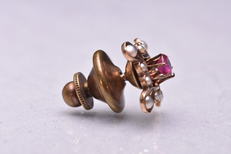 Vintage 10k Ruby and Seed Pearl Tie Tack / Pin