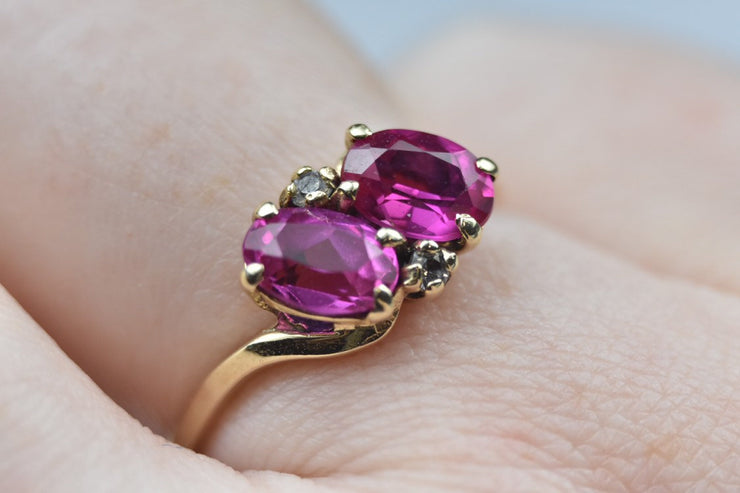 10k Yellow Gold Synthetic Pink Sapphire Toi et Moi Ring