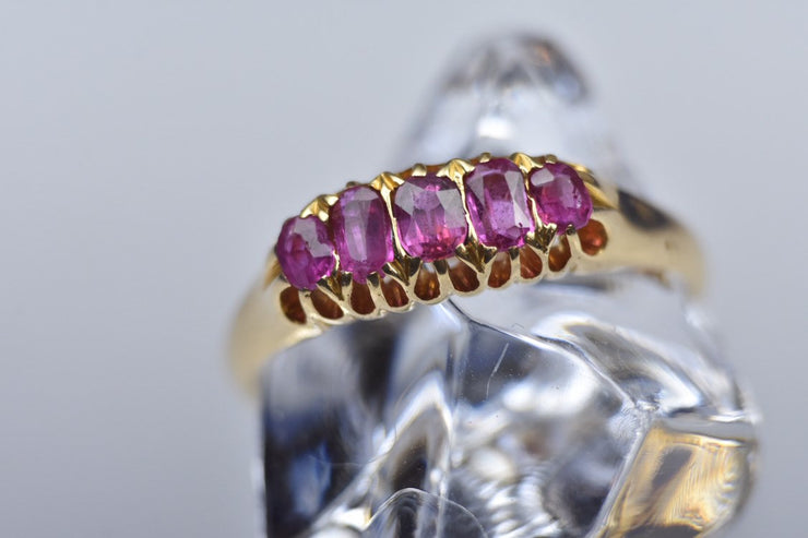 Antique Edwardian 18k Yellow Gold and 5 Stone Pink Ruby Ring