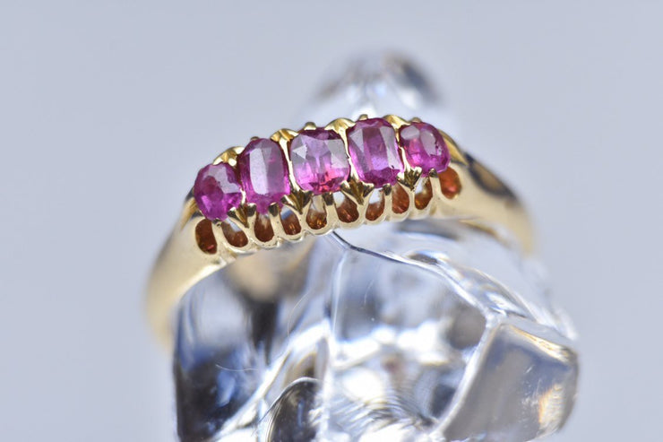 Antique Edwardian 18k Yellow Gold and 5 Stone Pink Ruby Ring