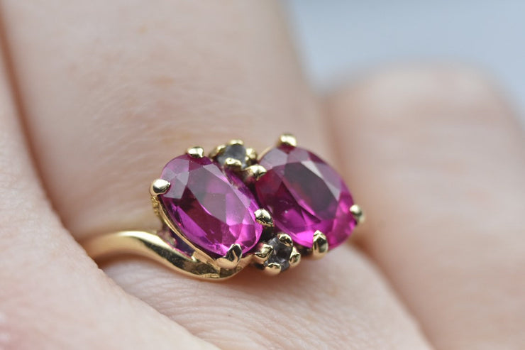 10k Yellow Gold Synthetic Pink Sapphire Toi et Moi Ring