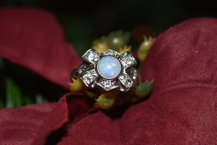 Vintage 14k White Gold Diamond and Opal Bow Ring